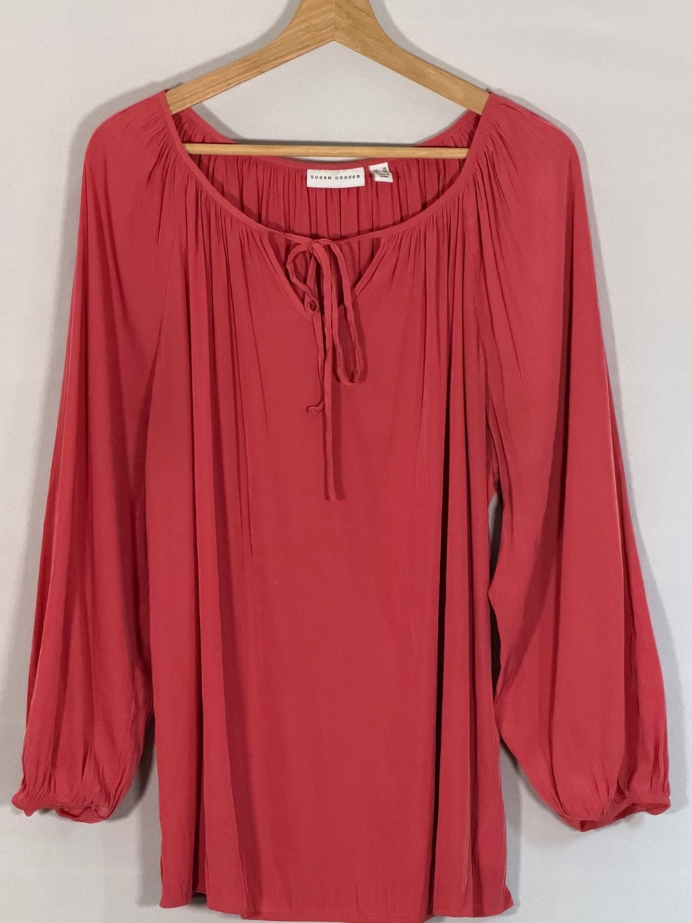 Susan Graver Women’s Size 16 Coral Peasant Blouse Tie Neck Long Balloon Sleeve T